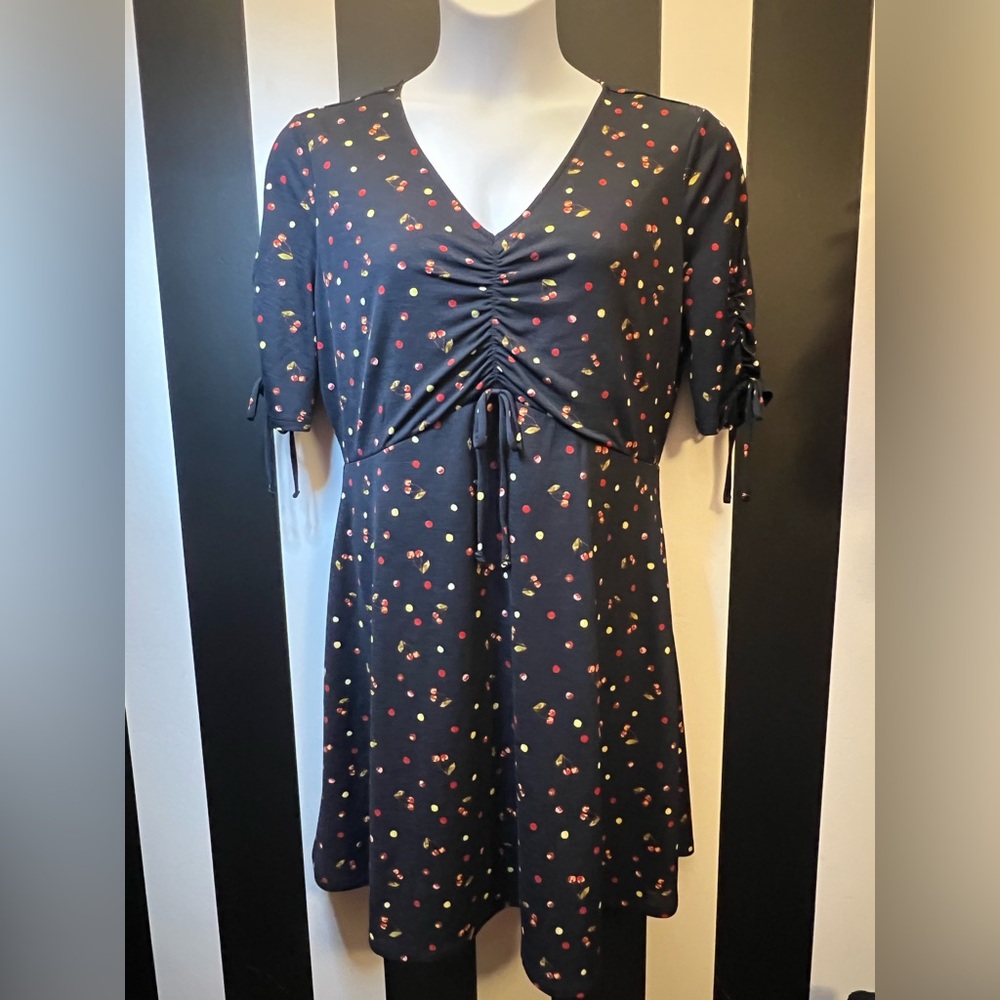Lauren Conrad Navy Cherry Print w/ Ruched Bust & Sleeves Pullover Dress; SZ L